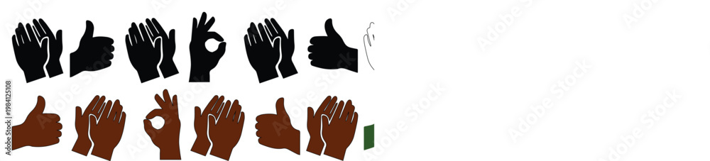 Obraz premium Diverse Hand Gesture Vector Icons, a collection of black and brown skin tone hands for communication and feedback, perfect for social media and app interfaces