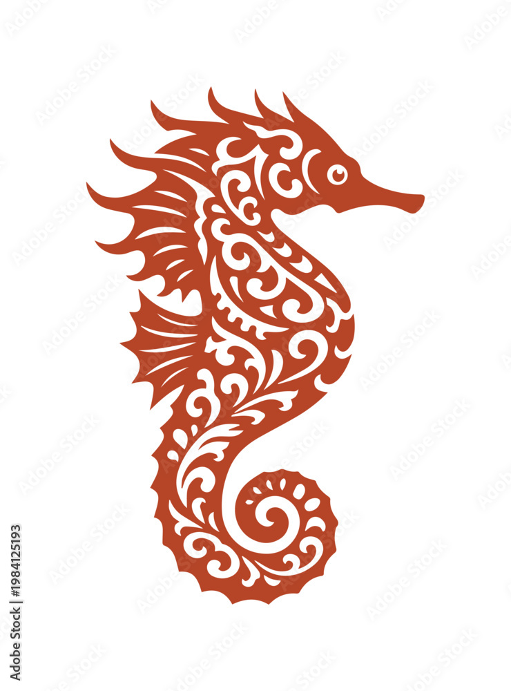 Fototapeta premium Intricate seahorse vector illustration, elegant marine animal design, stylized ocean creature, decorative aquatic life graphic for branding and decor