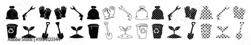 Eco-friendly recycling and gardening vector icon set, sustainable living symbols, environmental conservation graphics, black and white line art illustrations for web and print design