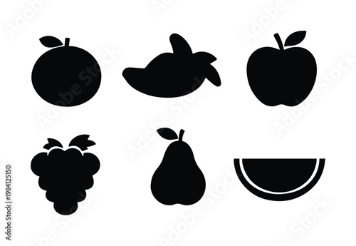 Minimalist fruit icon set, black silhouette vector collection, simple food graphics for healthy eating and nutrition designs, fresh produce symbols for web and app interfaces