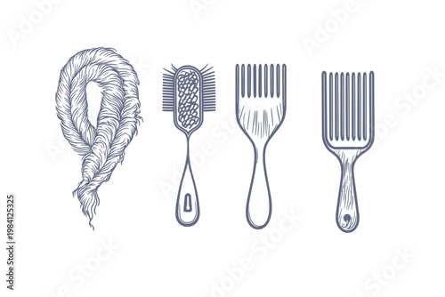 Stylized illustration of hair and grooming tools including hair braid and various combs/brushes