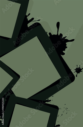 Abstract olive green background with overlapping dark geometric frames and black ink splatters