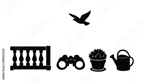 Minimalist vector icon set for nature and outdoor activities, featuring a flying bird, classic balcony railing, binoculars, potted plant, and watering can