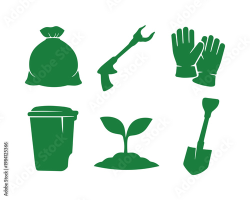 Green environmental cleanup vector icons, eco-friendly waste management tools, plant seedling, and gardening equipment set, ideal for sustainability projects.