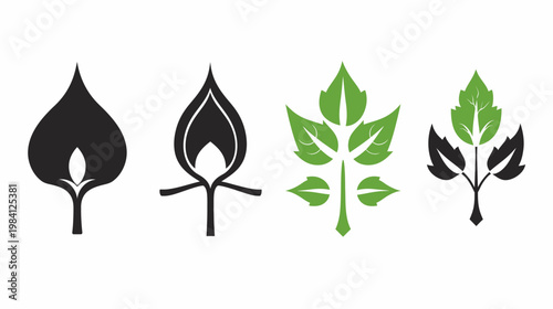 Abstract foliage icons in black and green show leaf evolution