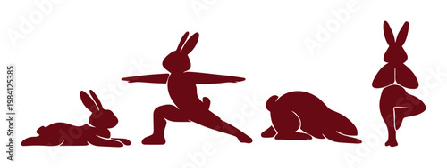 Playful yoga rabbit poses vector set, maroon bunny silhouettes in various meditative and stretching positions, animal fitness and wellness graphic resource
