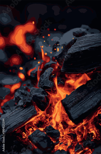 Abstract background of burning charcoal embers with glowing orange flames and charred firewood