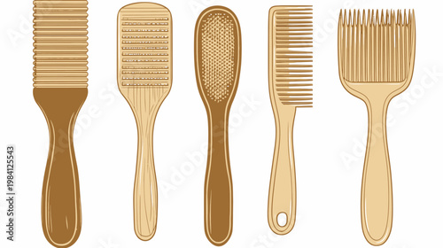 A set of five hair styling tools in a brown and beige color palette, on a white background