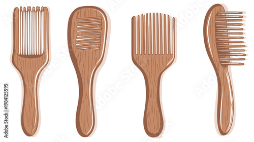 Four wooden combs in varying designs, arranged on a white background, isolated and illustrated
