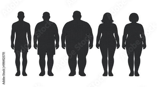 Human body silhouette set, diverse male and female figures illustrating different body types and weight, black vector illustration for health and fitness concepts