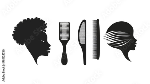 Stylized black silhouettes of an afro, combs, and woman's profile with flowing hair on a white backdrop