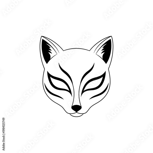 Kitsune Mask - Japanese Fox Spirit Mask Illustration, Black and White
