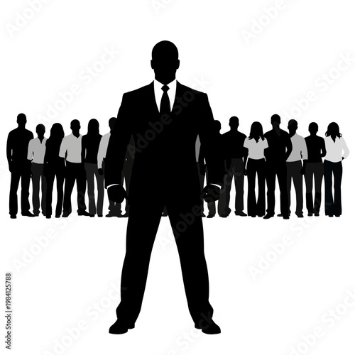Leader Silhouette Standing Tall In Front Of Team Group Business Concept
