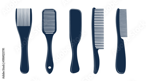 Five assorted combs silhouetted in dark blue against a white background. Each has a different design