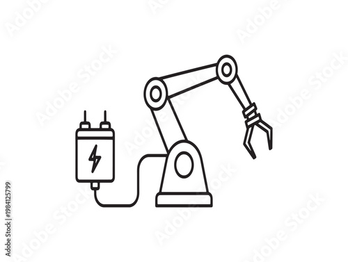 Simple line drawing of a robotic arm connected to a power source