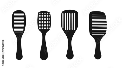 Black and white illustration depicting four different hairbrush shapes and comb designs against a white backdrop
