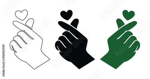 Korean finger heart gesture, three vector illustrations, K-pop love symbol, hand sign for affection and appreciation, romantic social media icon set