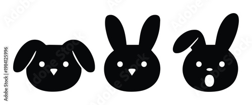 Cute black bunny vector icon set, adorable rabbit character faces with different ear positions and expressions, minimalist animal design for kids' products and branding