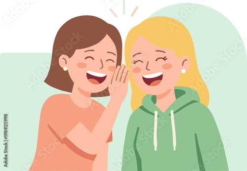 Two women sharing a secret in an indoor setting with smiles