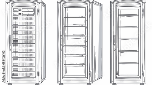 Three technical cabinet line drawings, showcasing front and side perspectives