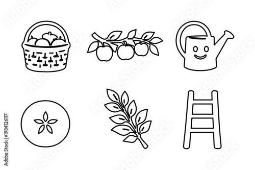 Minimalist gardening vector icon set, black outline illustrations for agriculture and harvest themes. Simple farm and orchard elements, fruit basket, apple branch, watering can, ladder, leaf