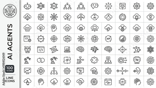 A collection of line icons depicting various AI agents and related concepts AI, eps, png, jpg. transparent background.