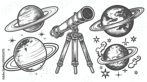 An illustration of a telescope and several planets with rings, plus a few stars