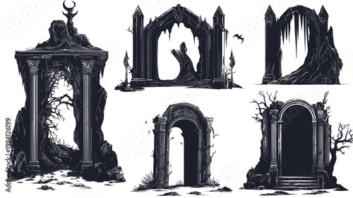 A collection of pixellated gothic archways, rendered in dark shades, with crumbling textures