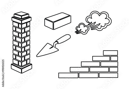 Construction and masonry vector icon set, bricklaying tools and materials, building process elements, architectural design resources