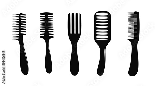 A collection of five different black silhouette combs on a white background, useful for haircare