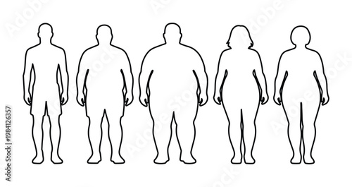 Human body types vector set, diverse male and female silhouettes illustrating various body shapes and sizes, health and wellness concept, fitness and medical graphics.