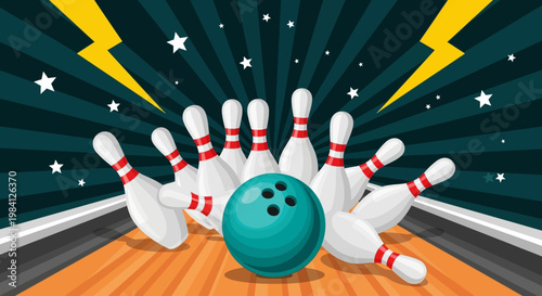 Illustration of a teal bowling ball hitting white pins on a wooden lane with a dark background and cartoonish lightning bolts.