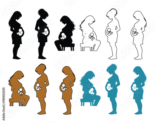 Pregnant woman silhouettes, expecting mother and baby outline vector set, prenatal care and maternity journey illustrations, pregnancy stages graphic resource.