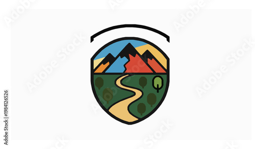 Colorful retro hiking club shield logo mountain badge vector illustration