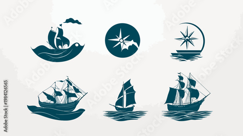 Collection of stylized illustrations featuring different sailing vessels and navigational elements