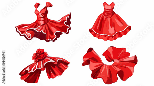 Red dresses, skirts, and fabric with frills and ruffles, cartoonish illustrated style
