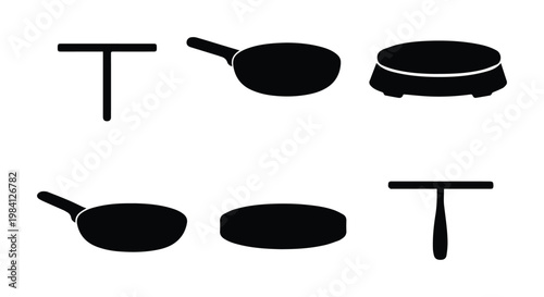 Minimalist black kitchenware icon set, essential cooking utensils, modern culinary graphic resources, versatile food preparation vector elements