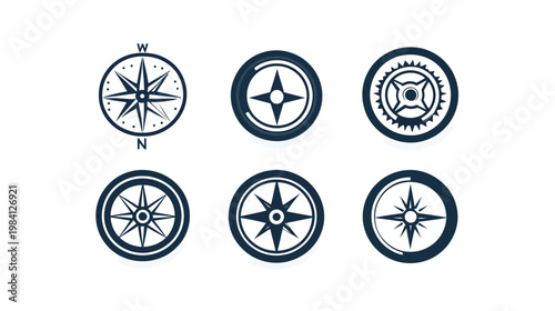 Six stylized compass rose icons on a white background, useful for navigation and direction