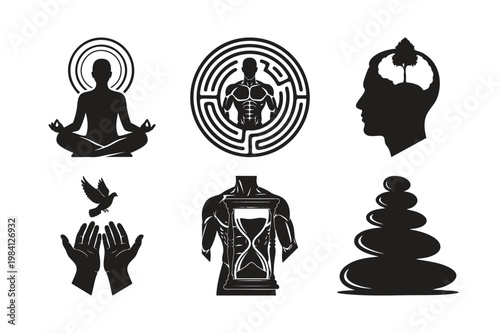 Silhouette bundle of spiritual and wellness icons set.