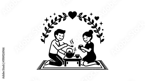 Couple Enjoying Tea Ceremony in a Romantic Setting