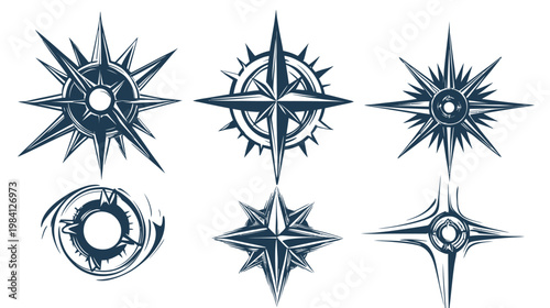 Six blue compass rose designs, each with a unique style, set against a plain white background