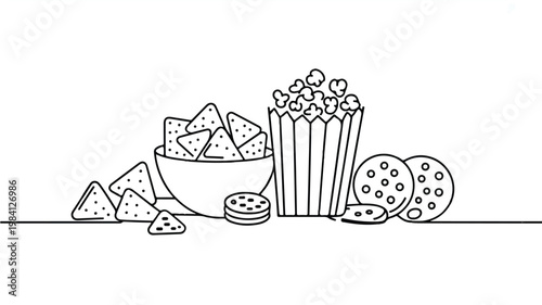 Line drawing of snacks including nachos popcorn cookies with junk food line art hand drawn snack time party food illustration appetizer snacking