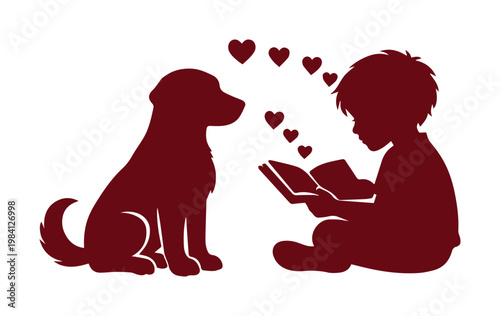 Child reading to a dog, heartwarming pet companionship vector illustration. A boy and his dog sharing a book, a symbol of love and friendship.