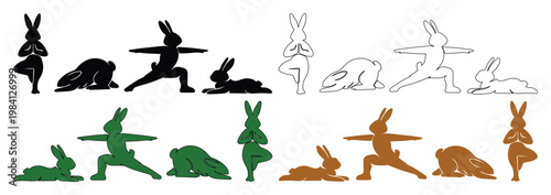 Yoga rabbit poses vector set, playful bunny silhouettes in various yoga positions, black, green, brown, and outline styles, ideal for fitness, wellness, and animal-themed designs