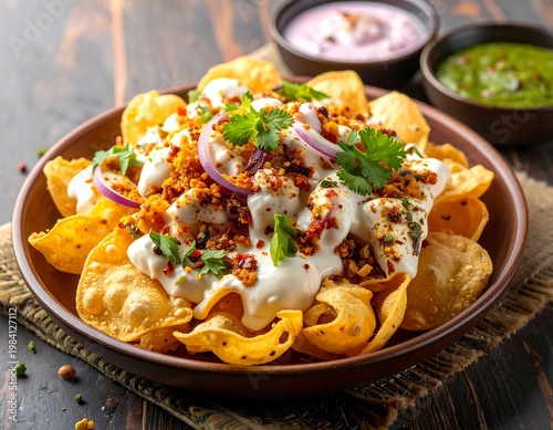 A close-up shot of an Indian street food dish with toppings