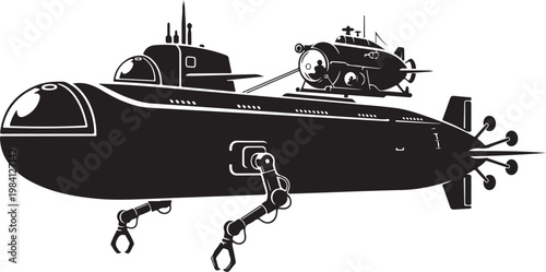 Black submarine, underwater vehicle, ocean explorer, nautical illustration, vector graphic