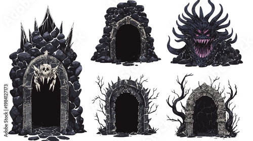 Pixelated illustrations of dark stone archways, one with a monster, skull, and thorny branches