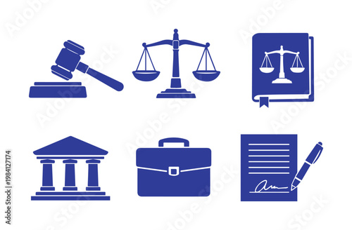 Legal justice system vector icon set, law and order symbols, court and lawyer professional tools, business and government authority graphics.