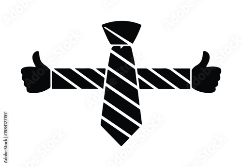 Professional black tie and thumbs up gesture vector icon, business success symbol, corporate achievement graphic, best choice concept illustration
