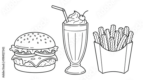 Illustration of a hamburger milkshake french fries with fast food hand drawn black and white food icons junk food combo meal snack food takeaway